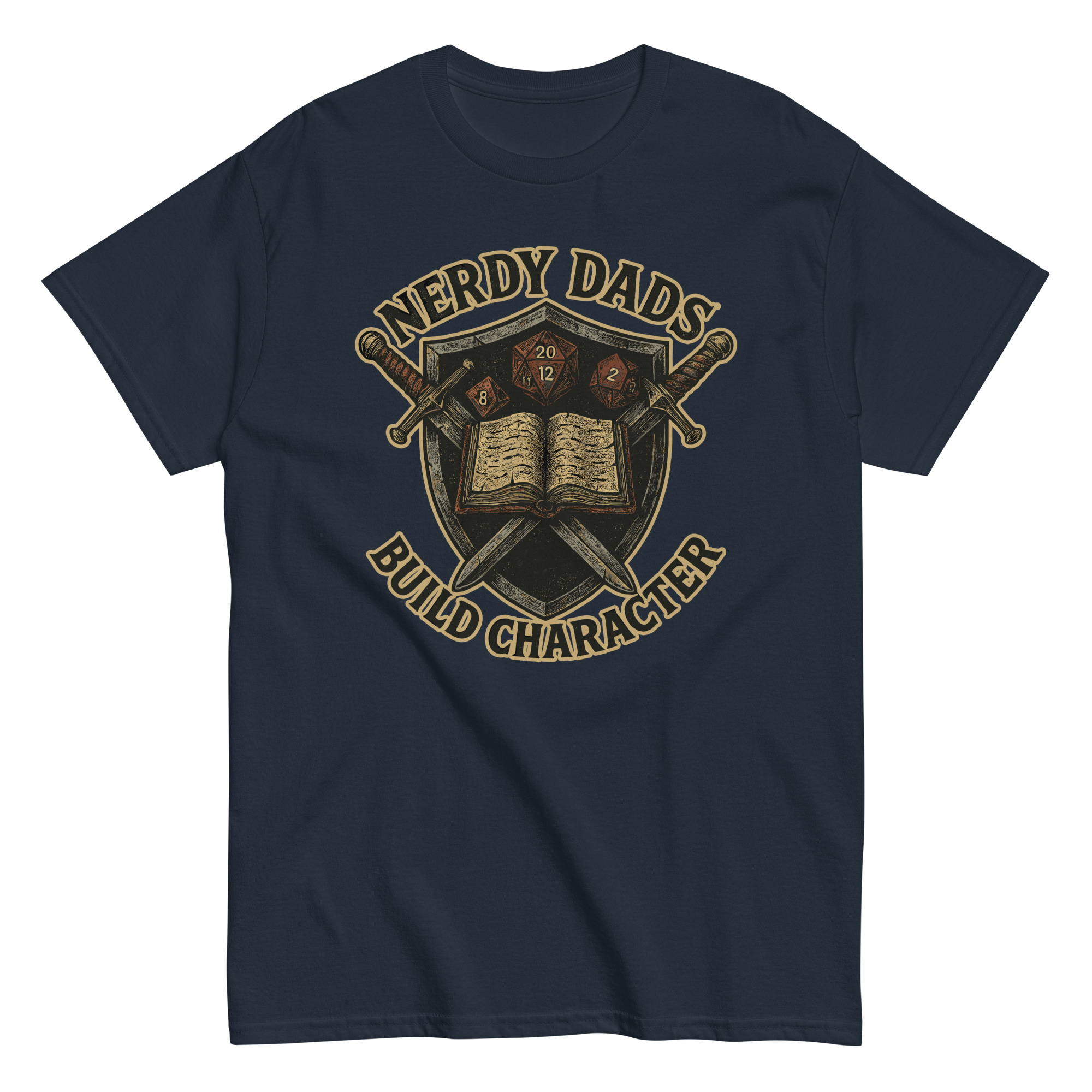 Nerdy dads t-shirt with swords and dice design.