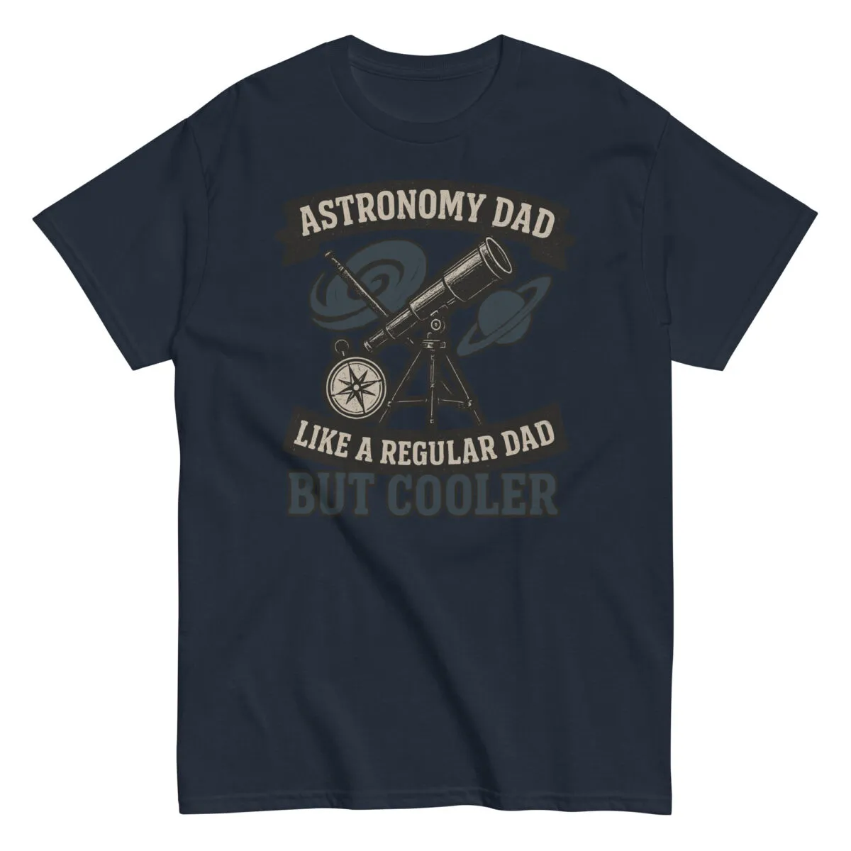 Astronomy dad shirt with telescope graphic.