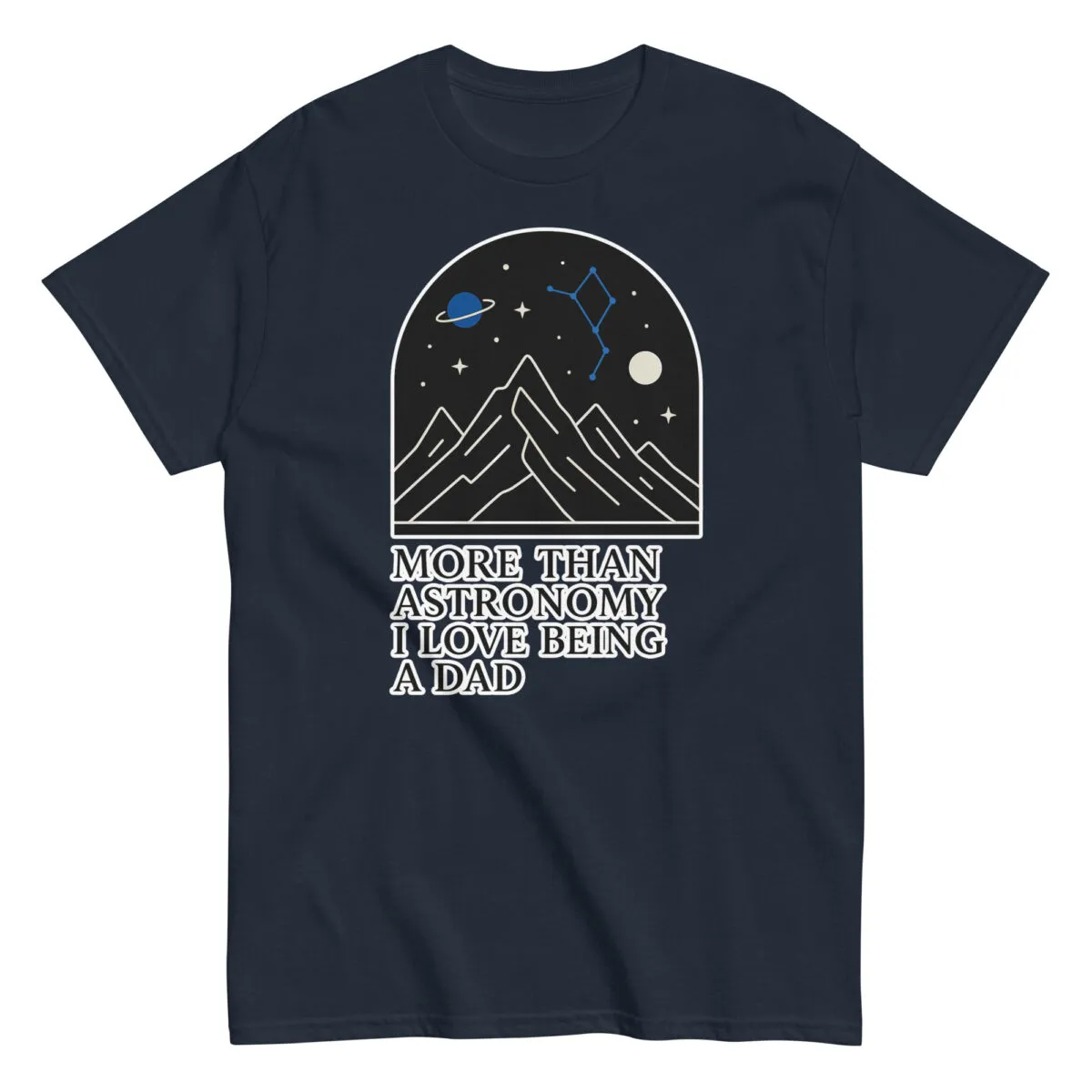 Astronomy dad t-shirt with mountain and space design.