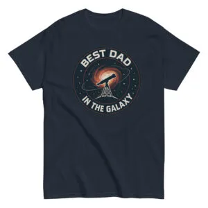 Navy t-shirt with 'Best Dad in the Galaxy' print.