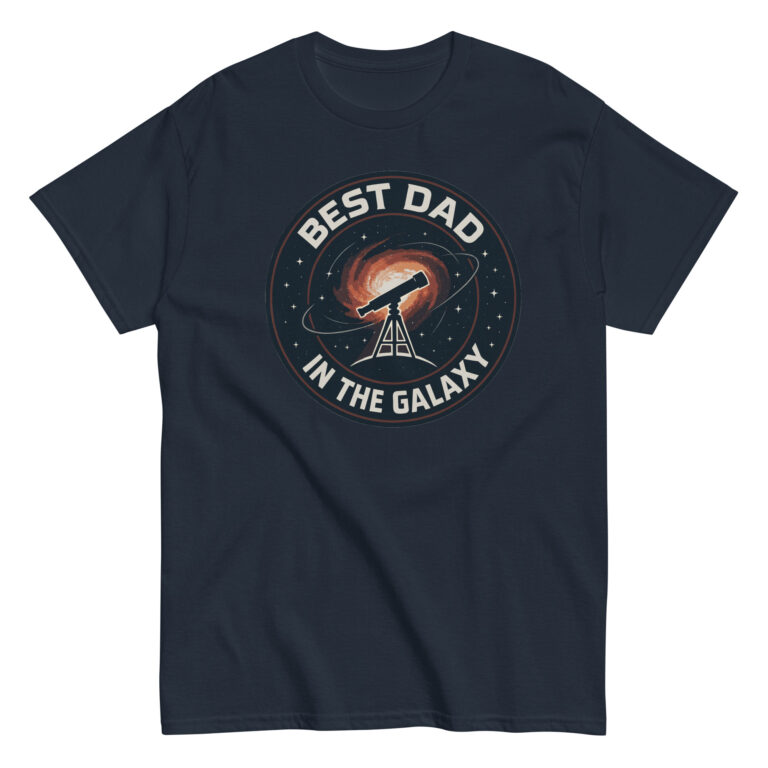 Navy t-shirt with 'Best Dad in the Galaxy' print.