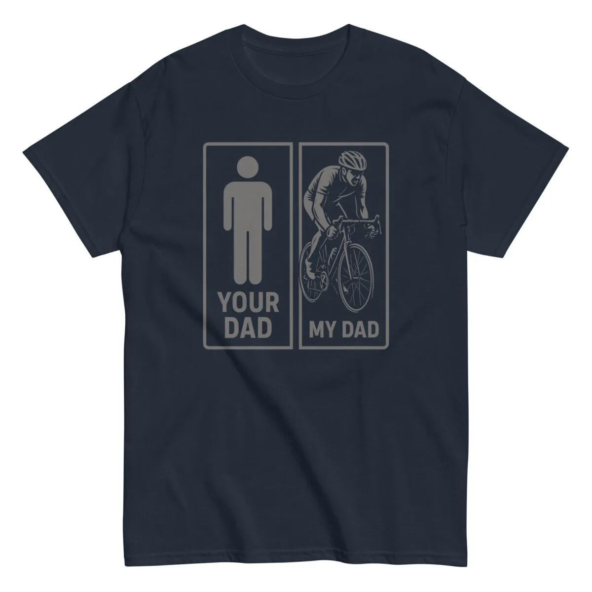 T-shirt with dad comparison graphic, cyclist versus figure.