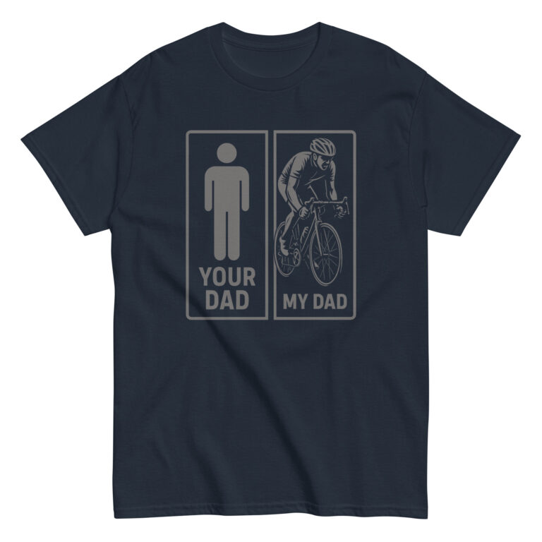 T-shirt with dad comparison graphic, cyclist versus figure.