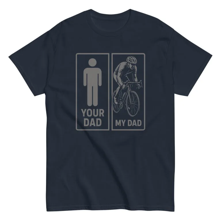 T-shirt with dad comparison graphic, cyclist versus figure.
