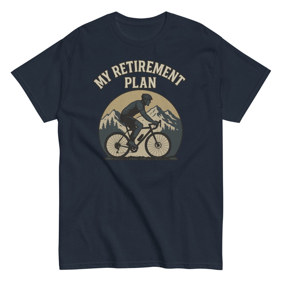 Cyclist retirement plan t-shirt with mountain design.