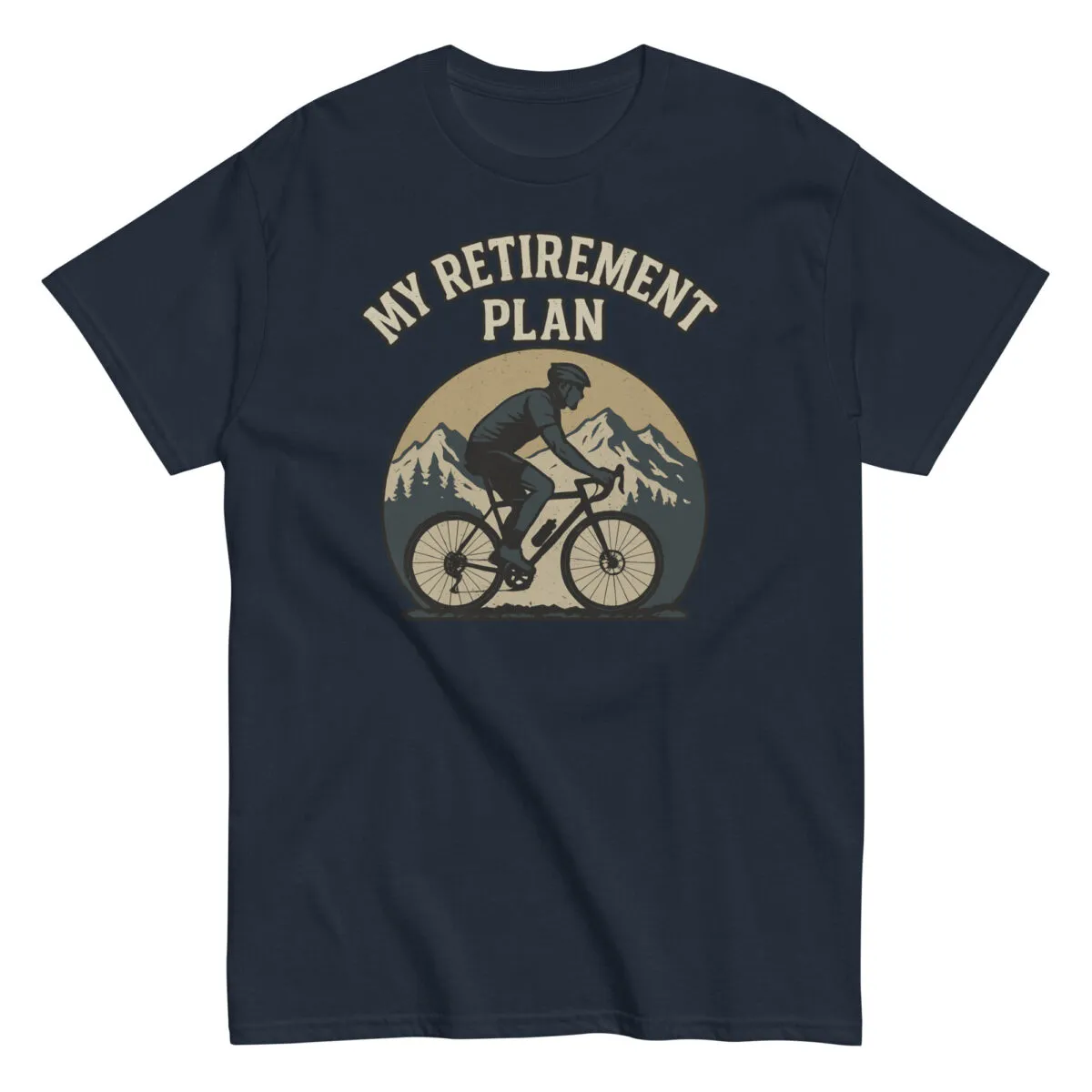 Cyclist retirement plan t-shirt with mountain design.