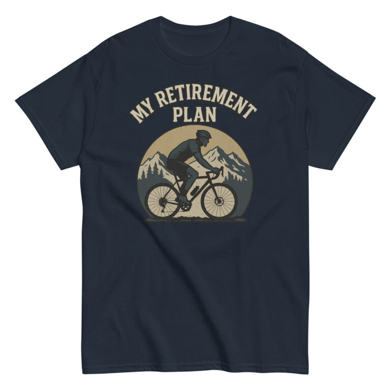 Cyclist retirement plan t-shirt with mountain design.