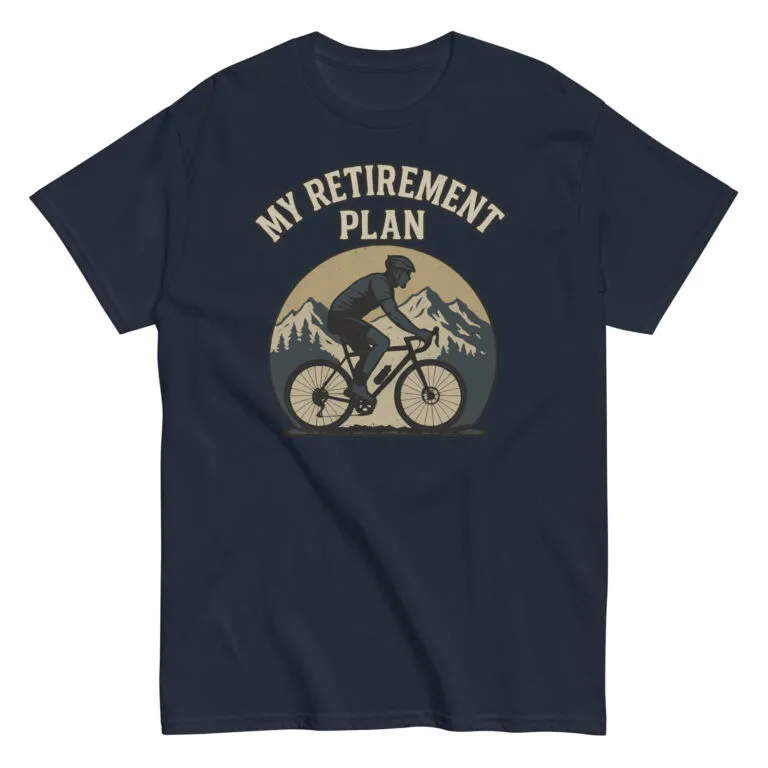 Cyclist retirement plan t-shirt with mountain design.