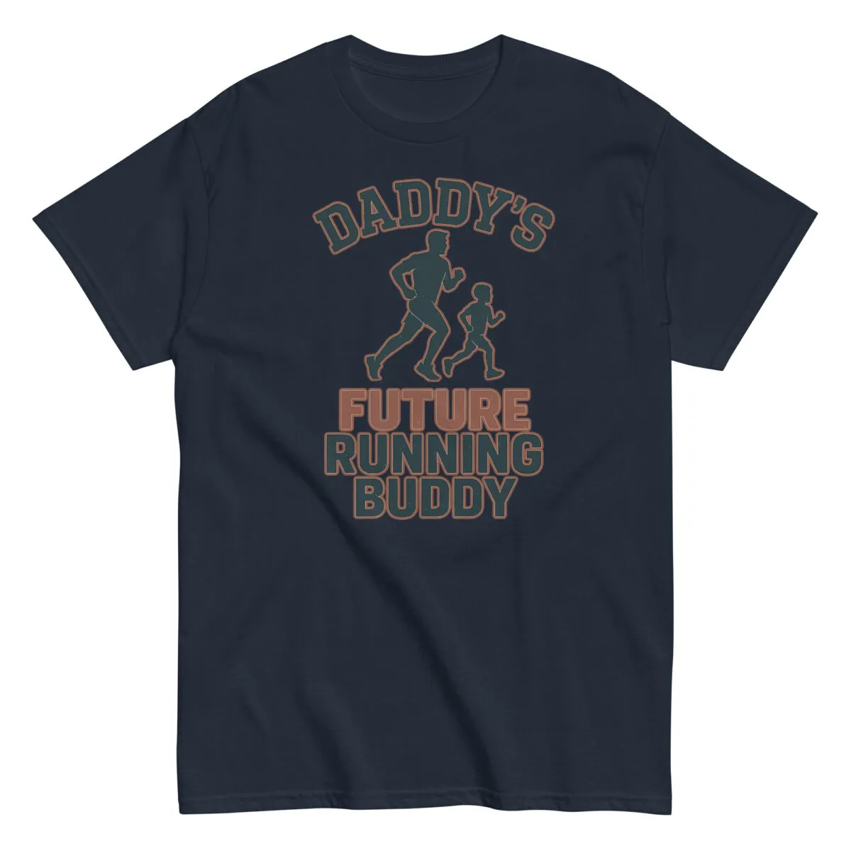 T-shirt with 'Daddy's Future Running Buddy' design.
