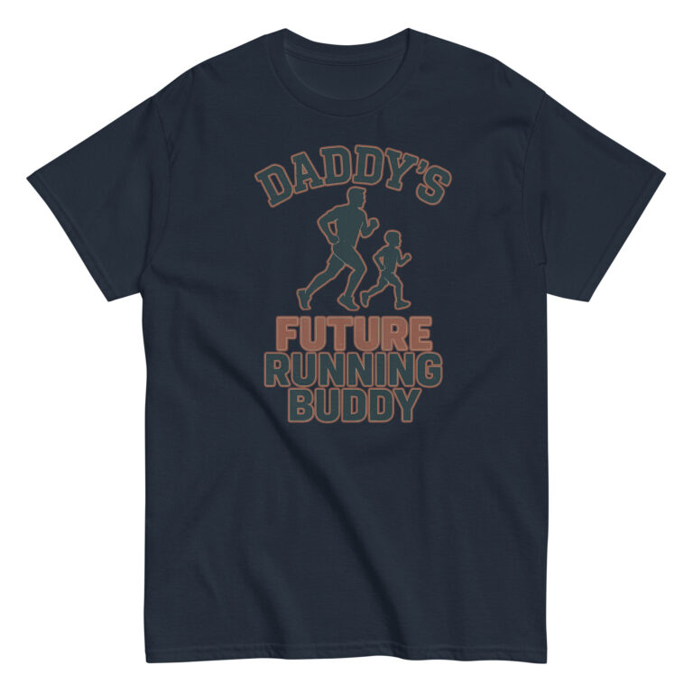 T-shirt with 'Daddy's Future Running Buddy' design.