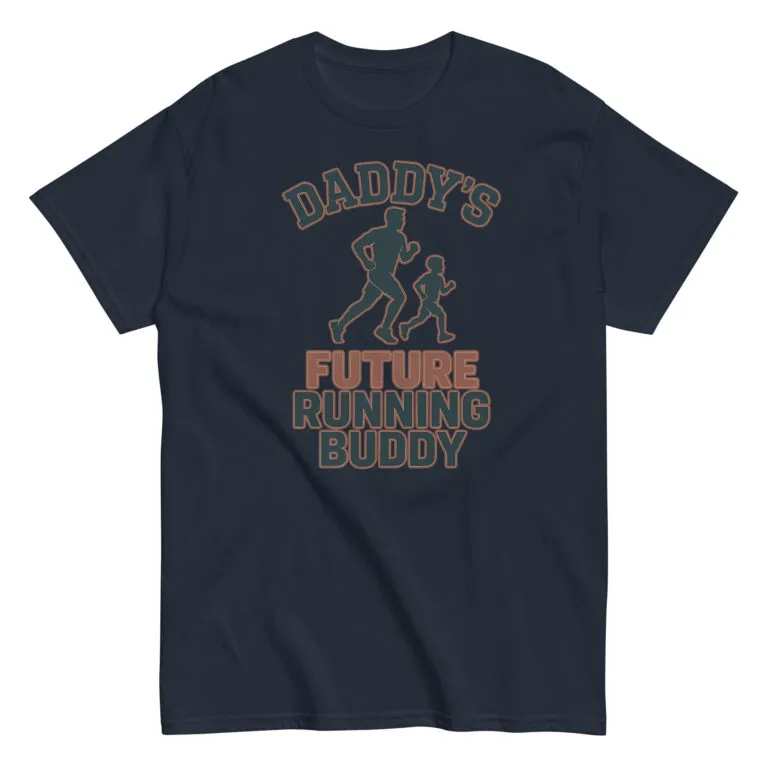 T-shirt with 'Daddy's Future Running Buddy' design.
