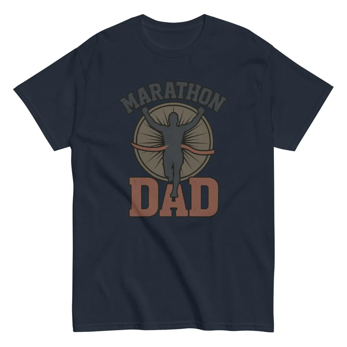 Navy t-shirt with 'Marathon Dad' graphic.