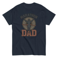 Navy t-shirt with 'Marathon Dad' graphic.