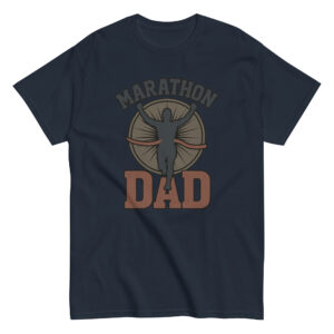 Navy t-shirt with 'Marathon Dad' graphic.