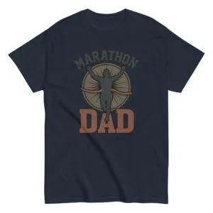 Navy t-shirt with 'Marathon Dad' graphic.