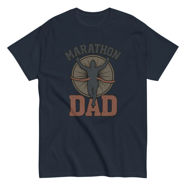 Navy t-shirt with 'Marathon Dad' graphic.