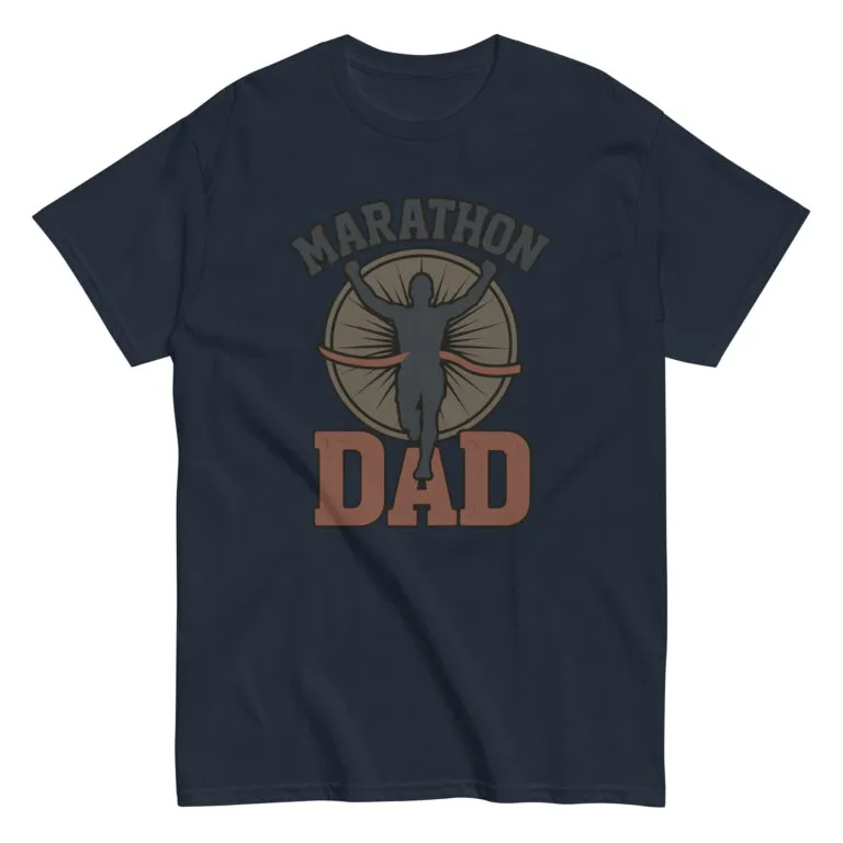 Navy t-shirt with 'Marathon Dad' graphic.