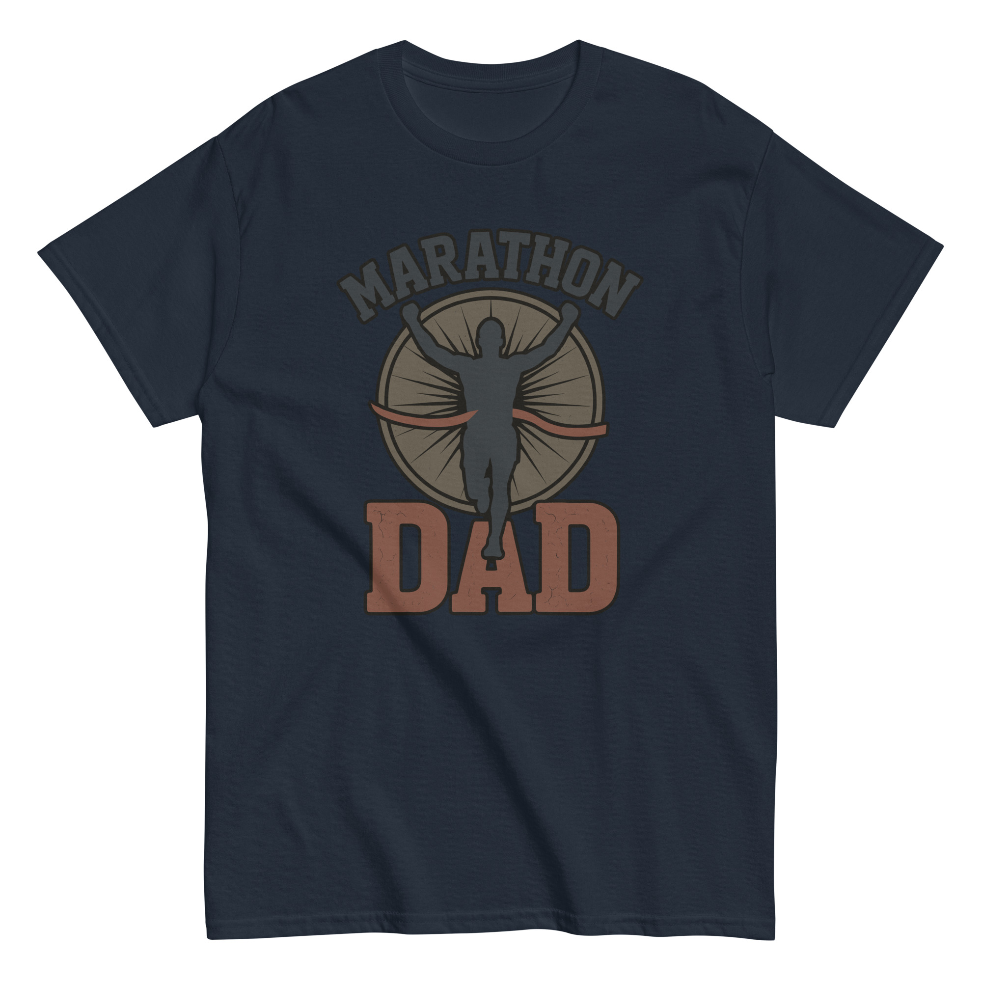 Navy t-shirt with 'Marathon Dad' graphic.