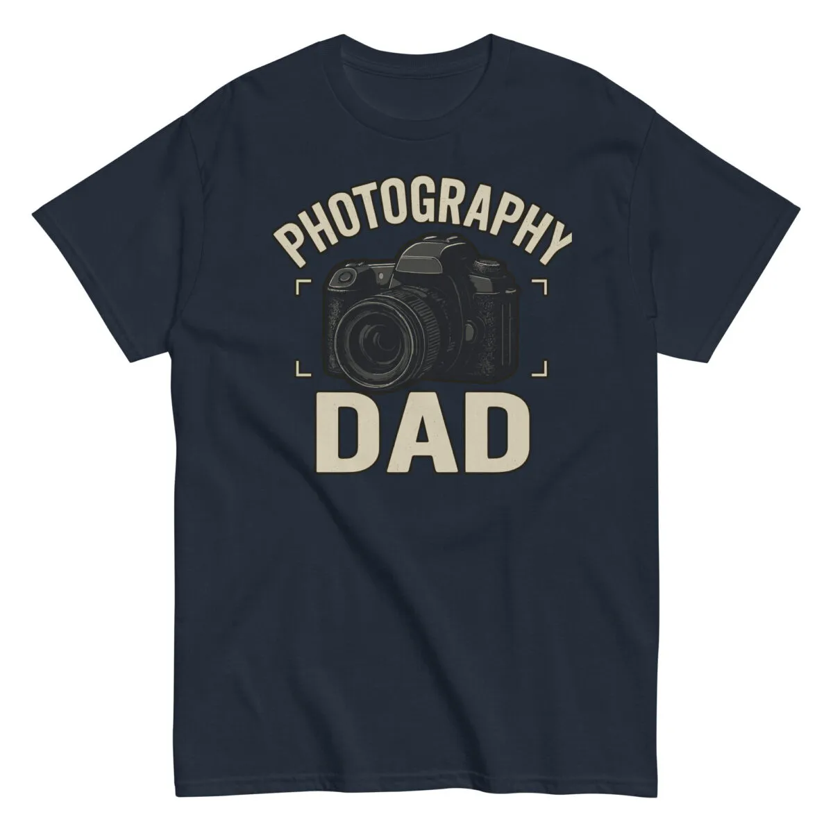 Navy t-shirt with 'Photography Dad' camera design.