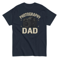 Navy t-shirt with 'Photography Dad' camera design.