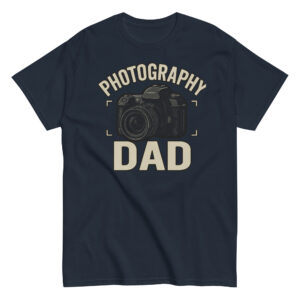 Navy t-shirt with 'Photography Dad' camera design.