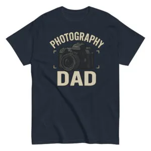 Navy t-shirt with 'Photography Dad' camera design.