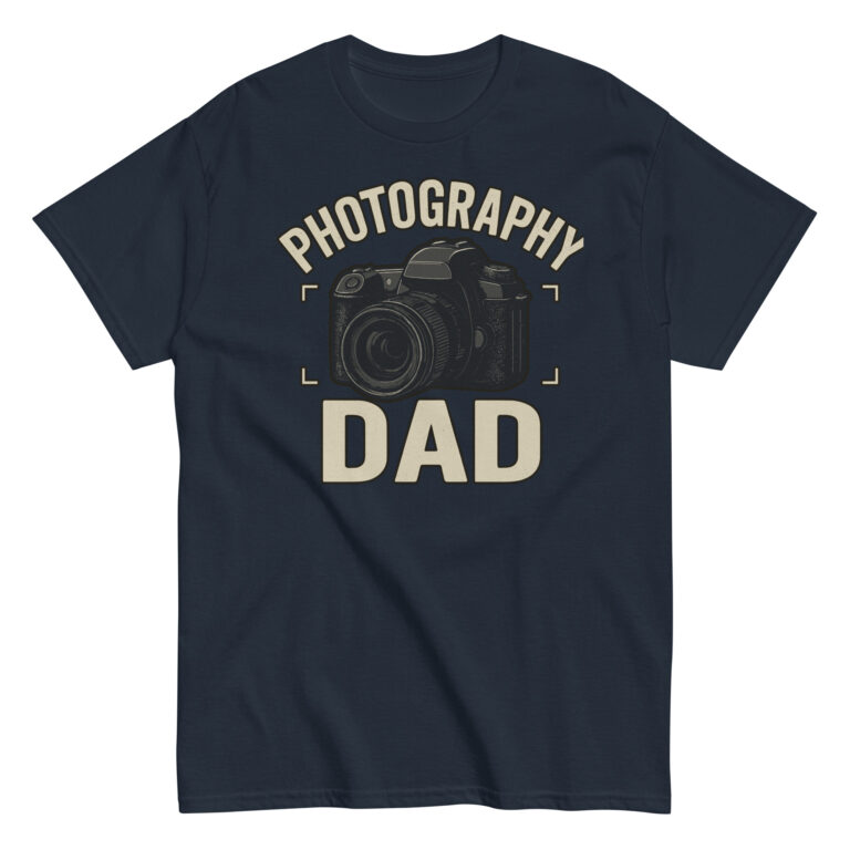 Navy t-shirt with 'Photography Dad' camera design.