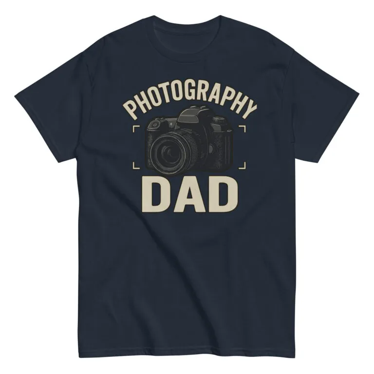 Navy t-shirt with 'Photography Dad' camera design.