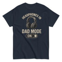 Navy t-shirt with headphones, 'Dad Mode On' design.