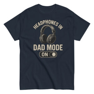 Navy t-shirt with headphones, 'Dad Mode On' design.