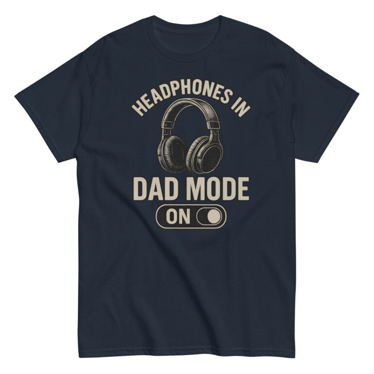 Navy t-shirt with headphones, 'Dad Mode On' design.