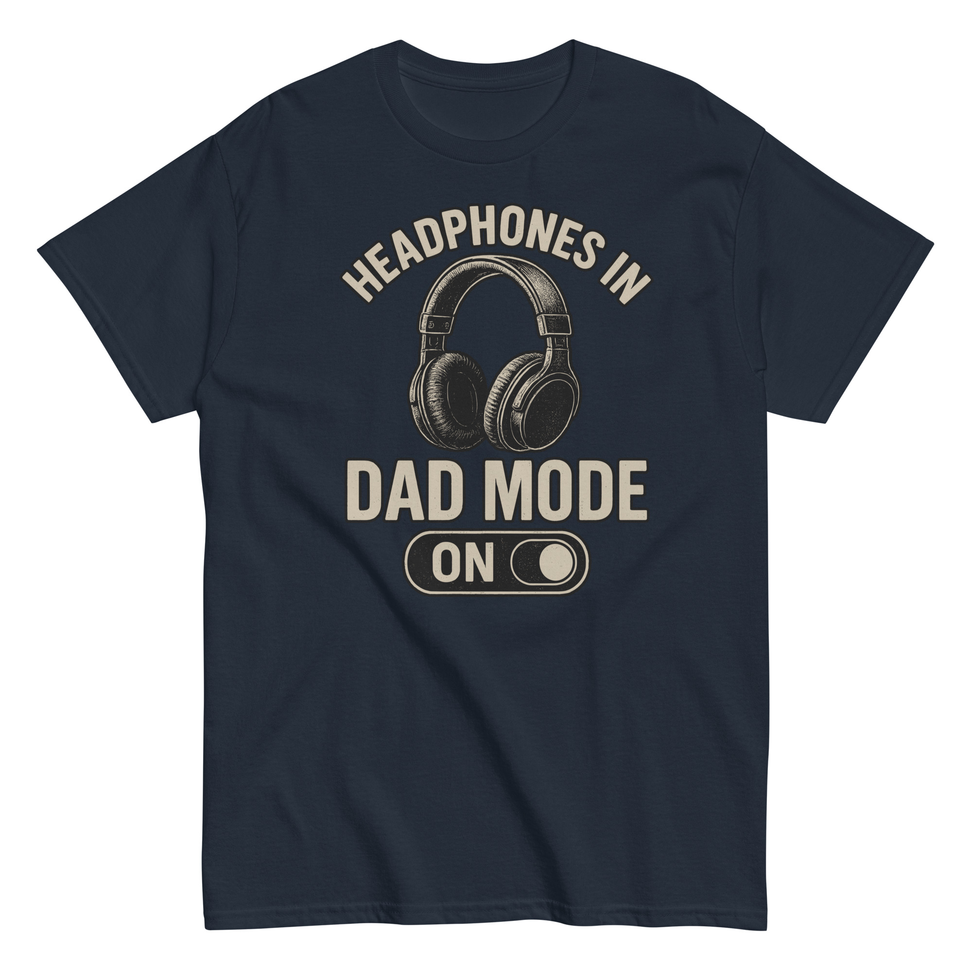 Navy t-shirt with headphones, 'Dad Mode On' design.