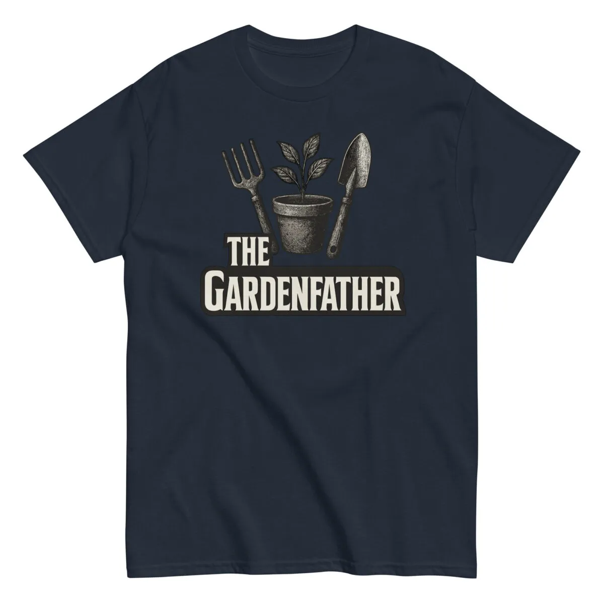 Navy shirt with gardening tools and plant graphic.