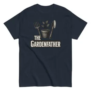 Navy shirt with gardening tools and plant graphic.