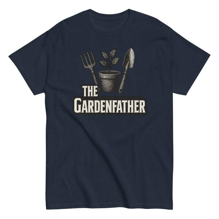 Navy shirt with gardening tools and plant graphic.