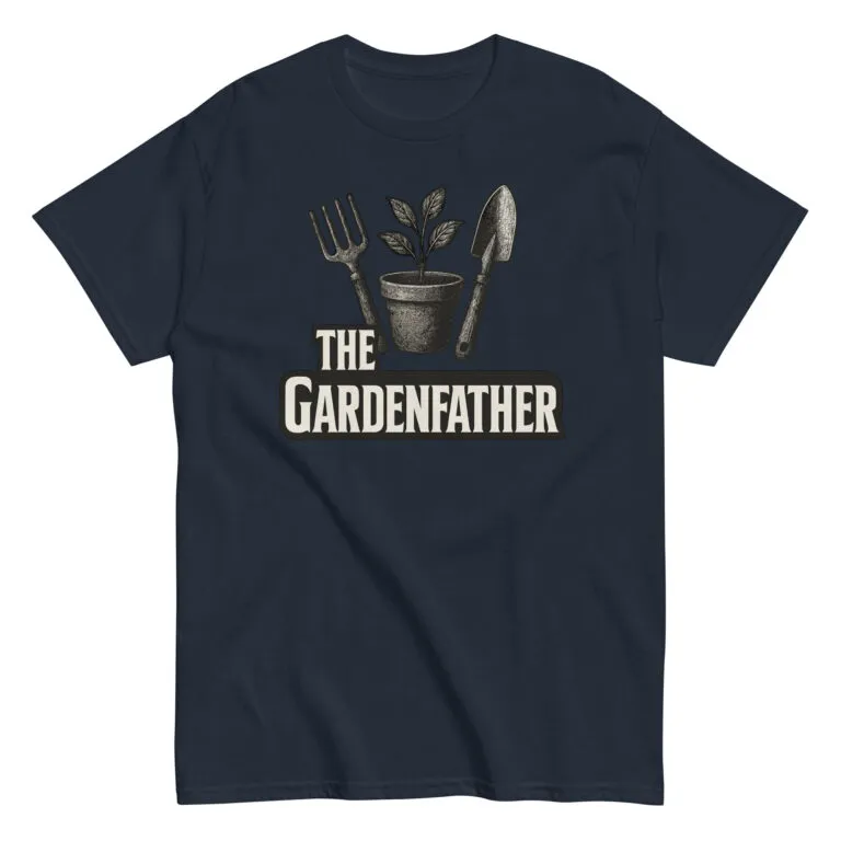 Navy shirt with gardening tools and plant graphic.
