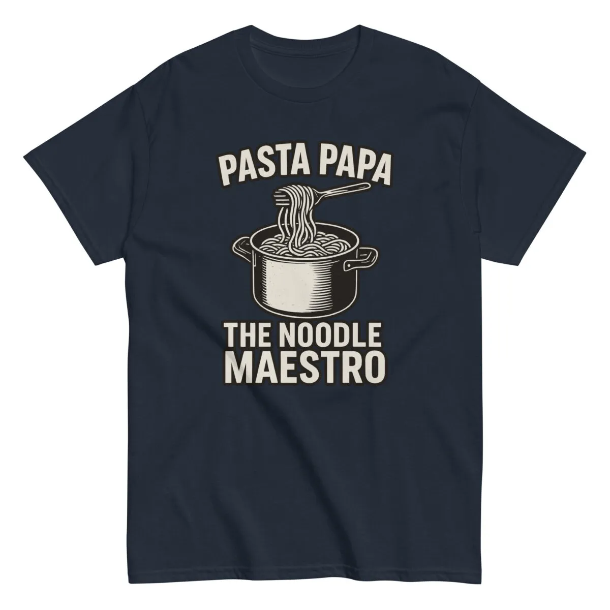 Pasta Papa T-shirt with cooking pot graphic.