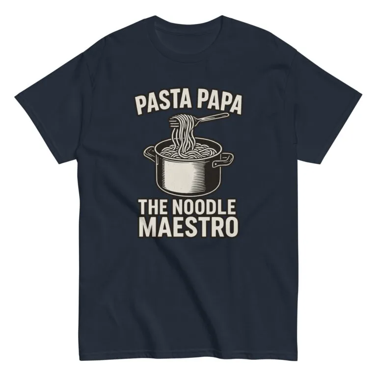 Pasta Papa T-shirt with cooking pot graphic.
