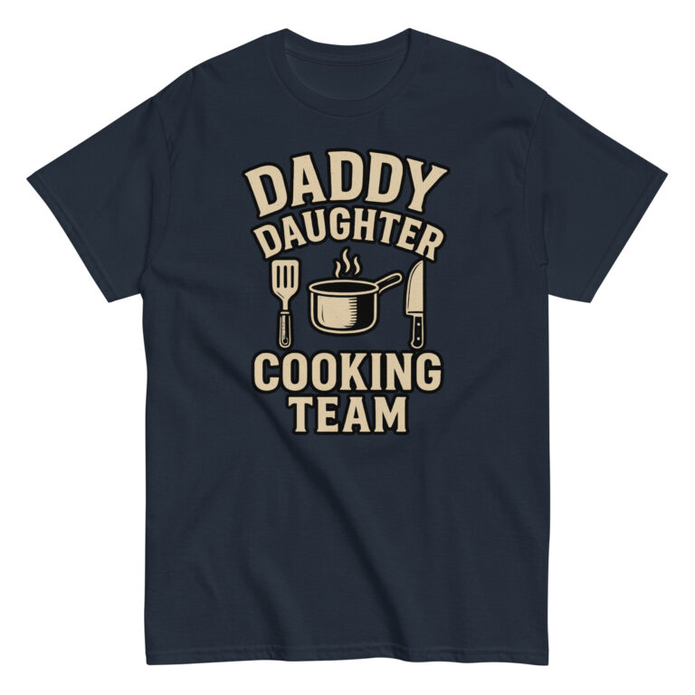 Daddy daughter cooking team shirt with utensils print.