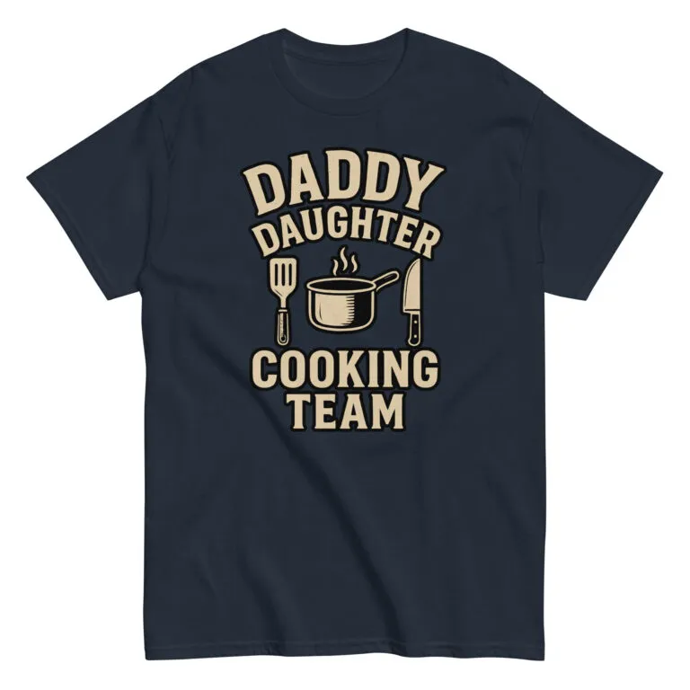 Daddy daughter cooking team shirt with utensils print.