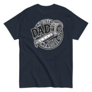 Black T-shirt with Dad quote and tape measure design.