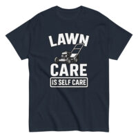 Navy shirt, 'Lawn Care is Self Care' print.