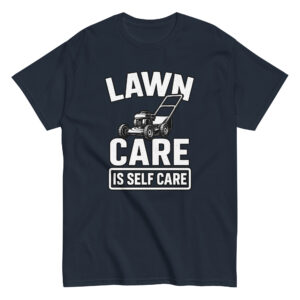 Navy shirt, 'Lawn Care is Self Care' print.