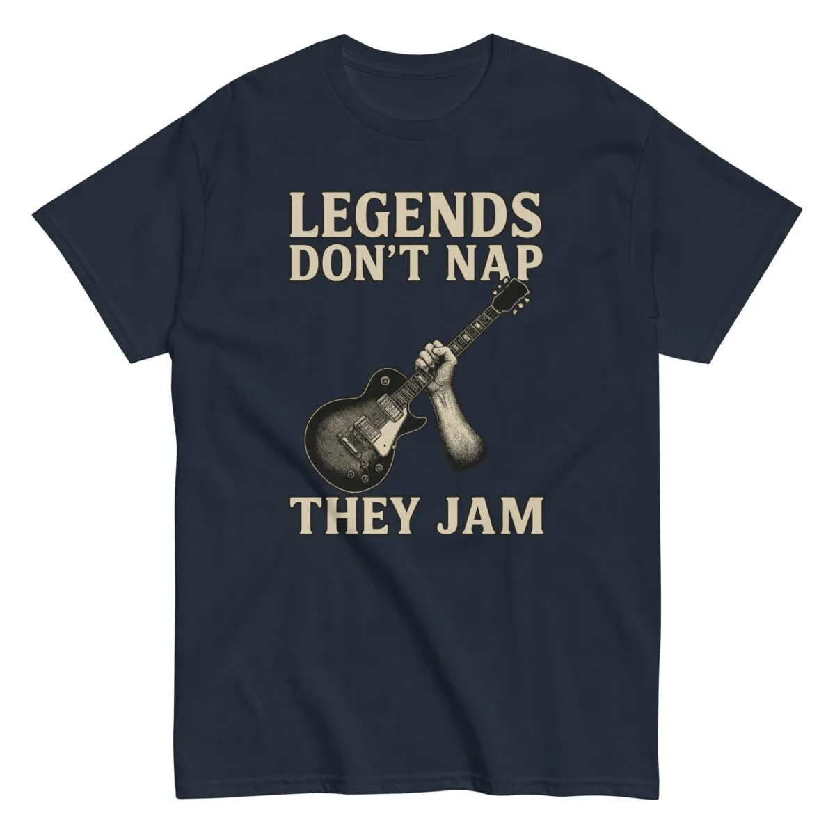 T-shirt with guitar and 'Legends Don't Nap' text.