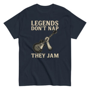 T-shirt with guitar and 'Legends Don't Nap' text.