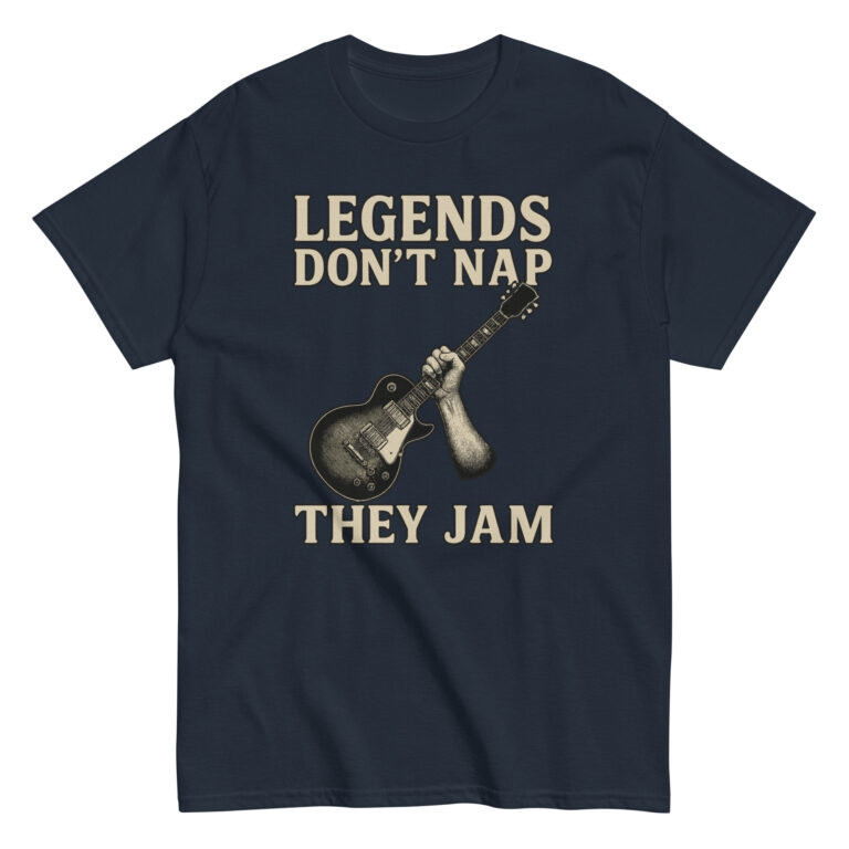 T-shirt with guitar and 'Legends Don't Nap' text.