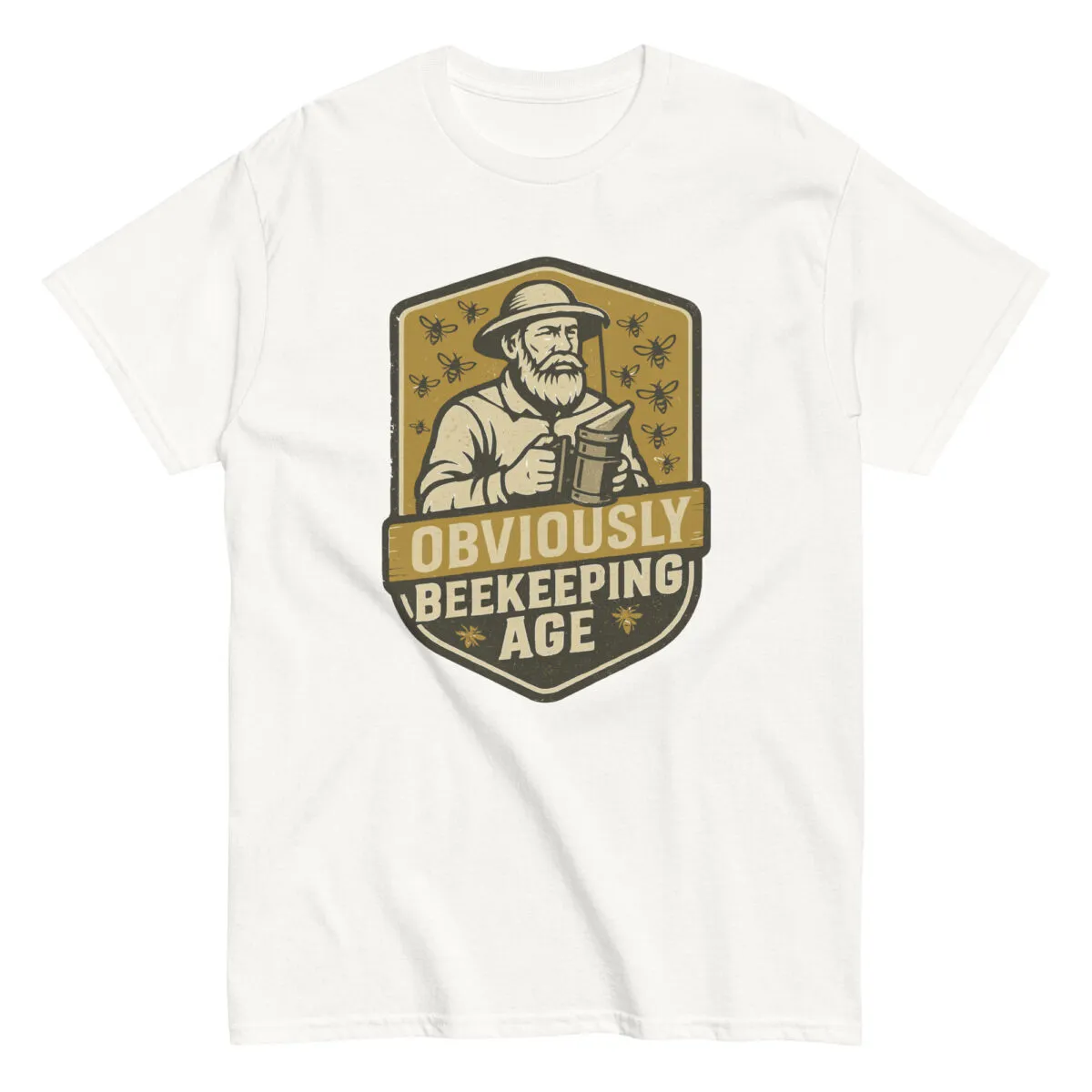 Funny beekeeping t-shirt with bearded man graphic.