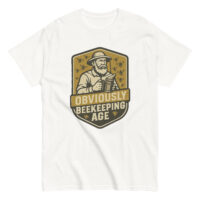 Funny beekeeping t-shirt with bearded man graphic.