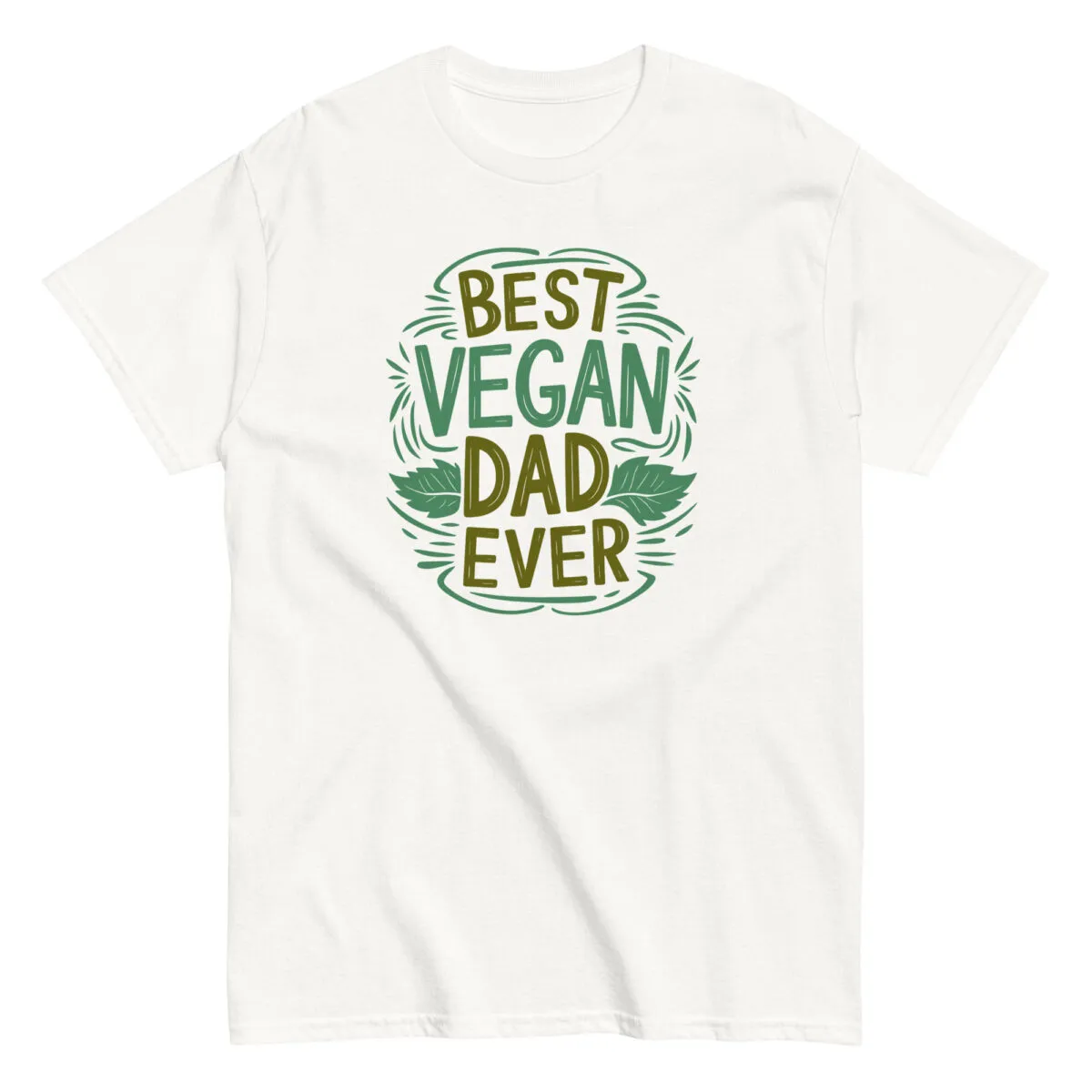White shirt with 'Best Vegan Dad Ever' design.