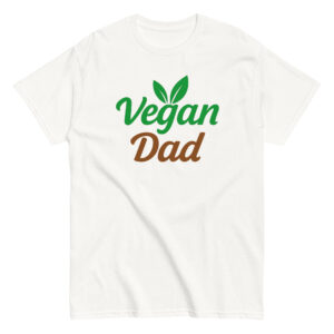White t-shirt with 'Vegan Dad' and leaf design